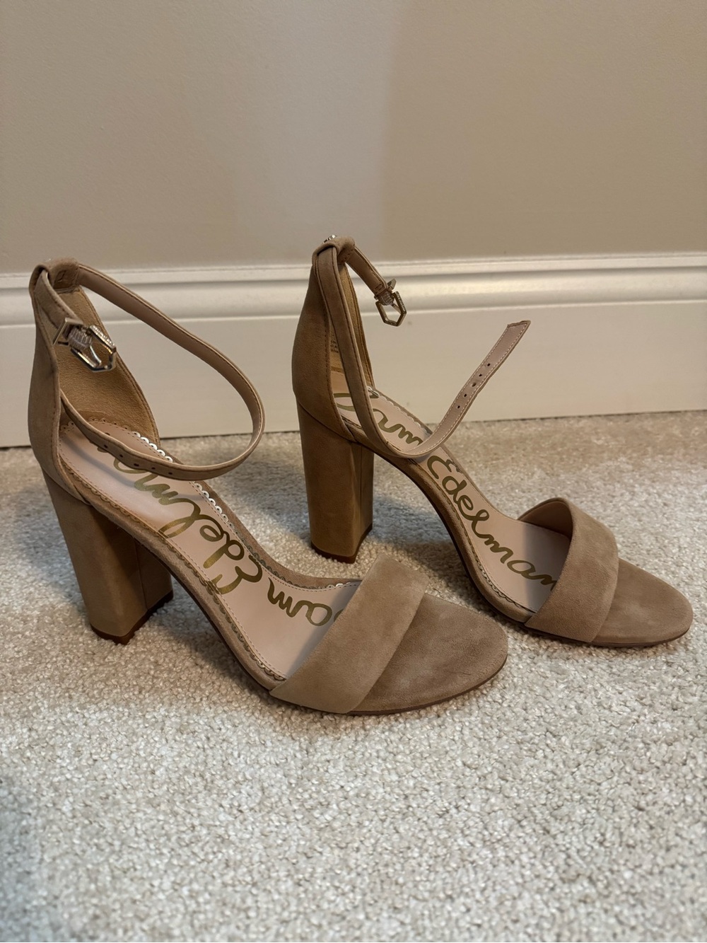 Nordstrom Beige Suede Block Heel Ankle-Strap Sandals